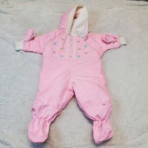 Vintage Tiny Tots Pink Floral Hooded Snowsuit Snow Big Baby Girl 12‎ months
